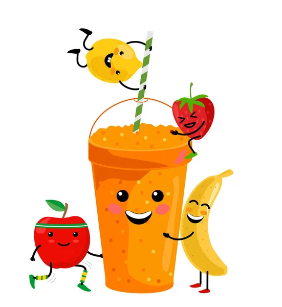 Cute cartoon fruit smoothies in cups. Fresh summer juice. Cute cartoon fruits with mug. Drinking menu, healthy vegan lifestyle vector illustration — Stock Vector