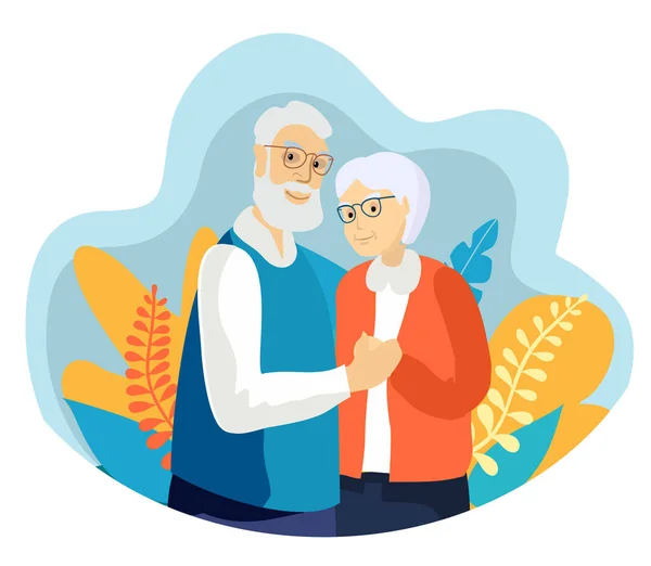 Pareja mayor sonriendo. Mujer anciana y pareja de ancianos abrazan cariñosamente. Sentirse feliz de la jubilación del abuelo y la abuela Edad. Alegre viejo retrato masculino y femenino en el amor. Ilustración vectorial — Archivo Imágenes Vectoriales