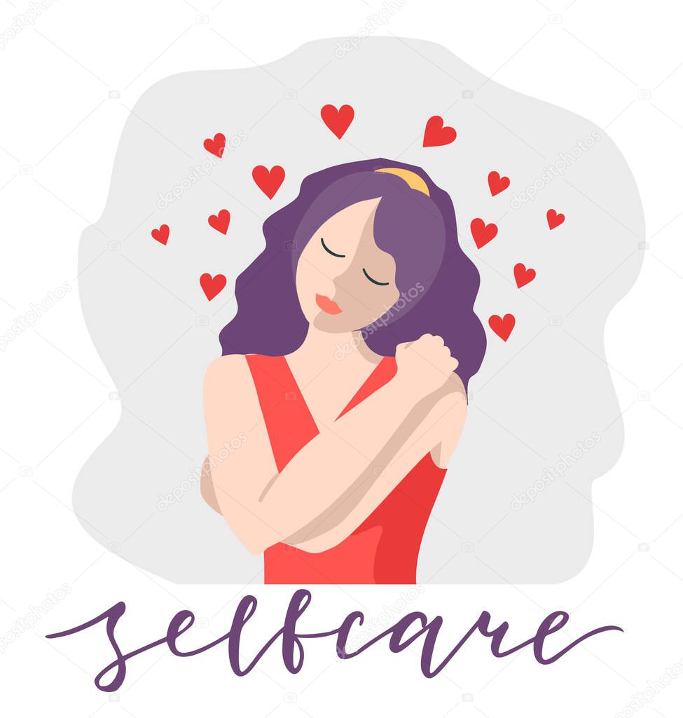 Women self care concept. Love yourself. Love your body concept. Take time for your self. Love concept of yourself body vector illustration. Happy woman hugging herself with enjoying emotions isolated.