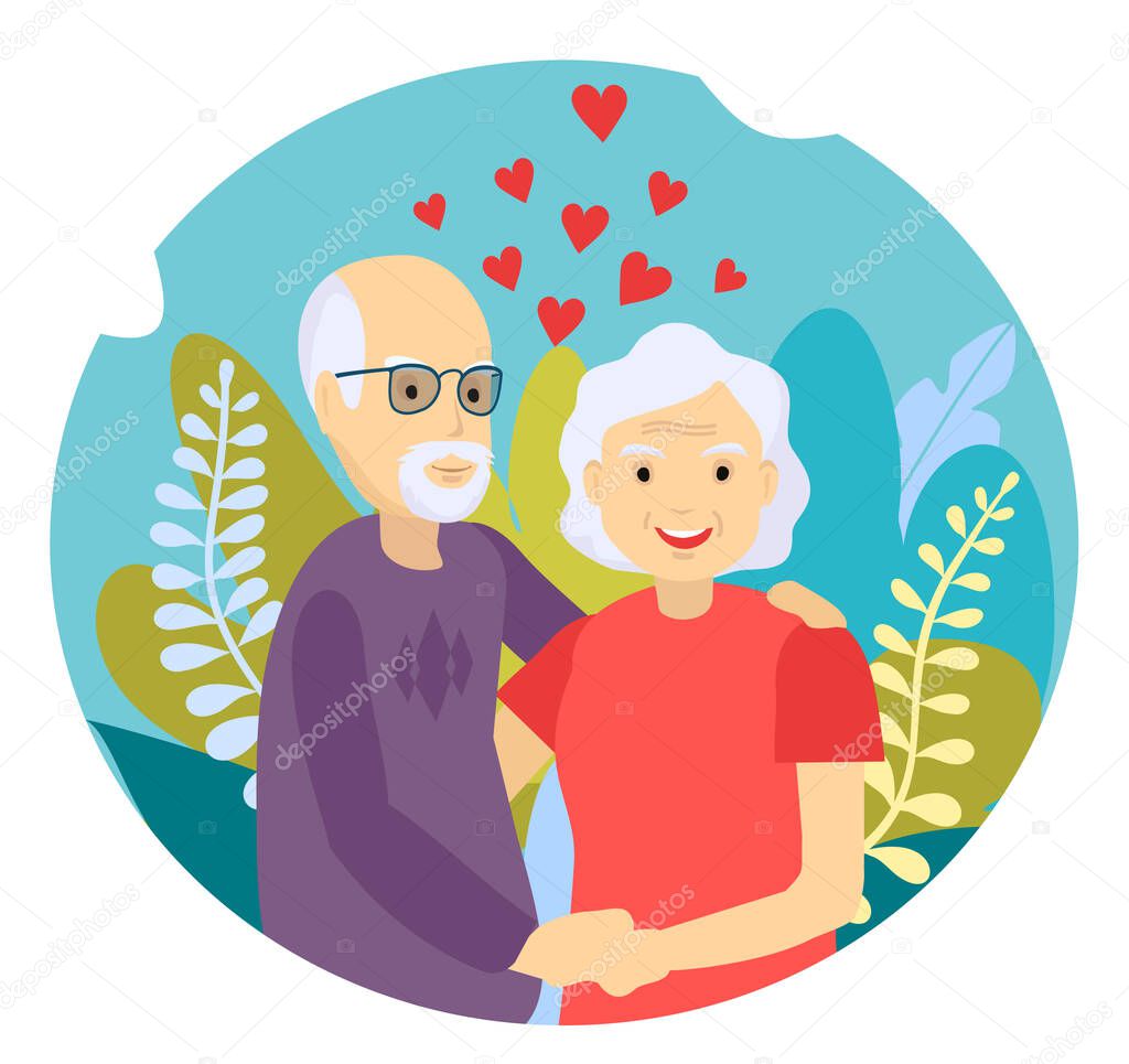 Elderly couple smiling. Old woman and old man couple embrace affectionately. Feeling happy of grandpa and grandmother retirement Age. Cheerful old male and female portrait in love. Vector illustration