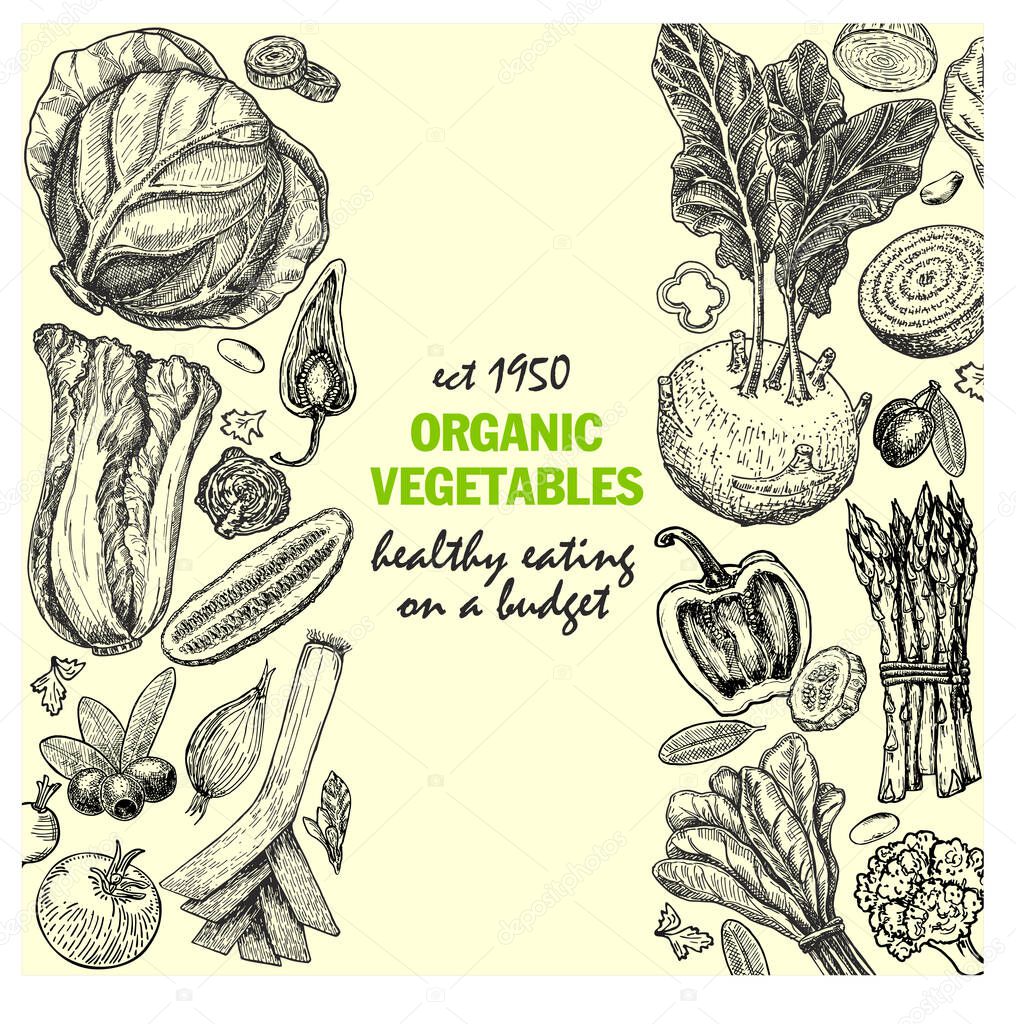 Vector card design with ink hand drawn vegetables and spice sketch. Vintage healthy food illustration. rganic vegetables