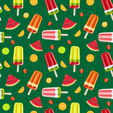 Dondurma, meyveli dondurma. Tropikal meyveler ve dondurmayla renksiz bir yaz. Paket kağıdı, kumaş, duvar kağıdı, arkaplan tasarımı.