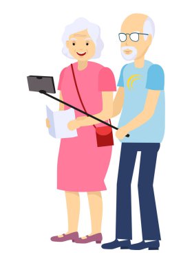 Büyükbaba ve turistler. Yaşlı Çift Vektörü. Selfie çekiyorum. Büyükbabam ve büyükannem. Yüz Duyguları. Mutlu İnsanlar Birlikte. İzole edilmiş Düz Çizgi Film Çizimi