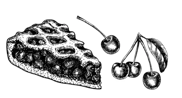 Desenhe uma fatia isolada de torta de cereja. ilustração desenhada à mão casa assar no fundo branco. Torta de bagas . — Vetor de Stock