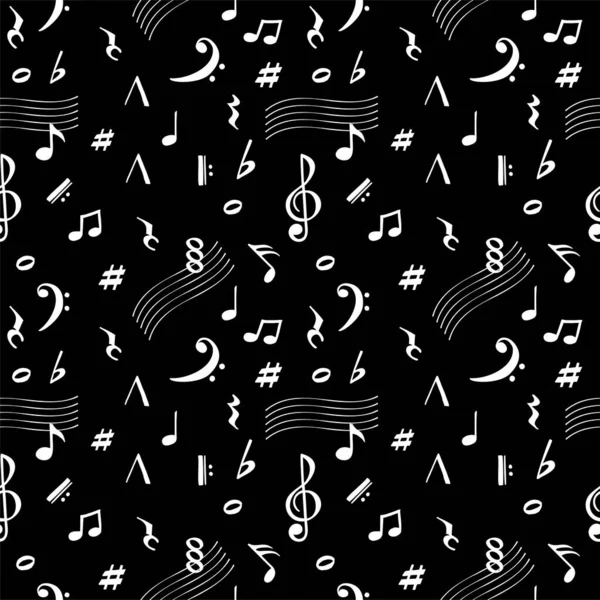 Musiknoter sömlöst mönster. Sömlös mönster av vita symboler av anteckningar på en svart bakgrund. — Stock vektor