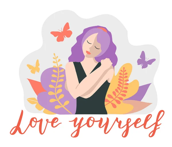 Love yourself. Love your body concept. Take time for your self. Relax. Woman hugging herself. Vector lifestyle concept card with text love yourself. — Stock Vector