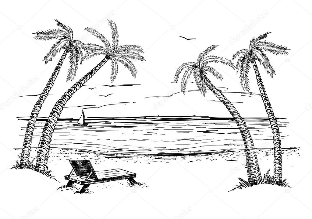 Landscape with sea and palm trees sketch. Summer beach Hand drawn sketch.