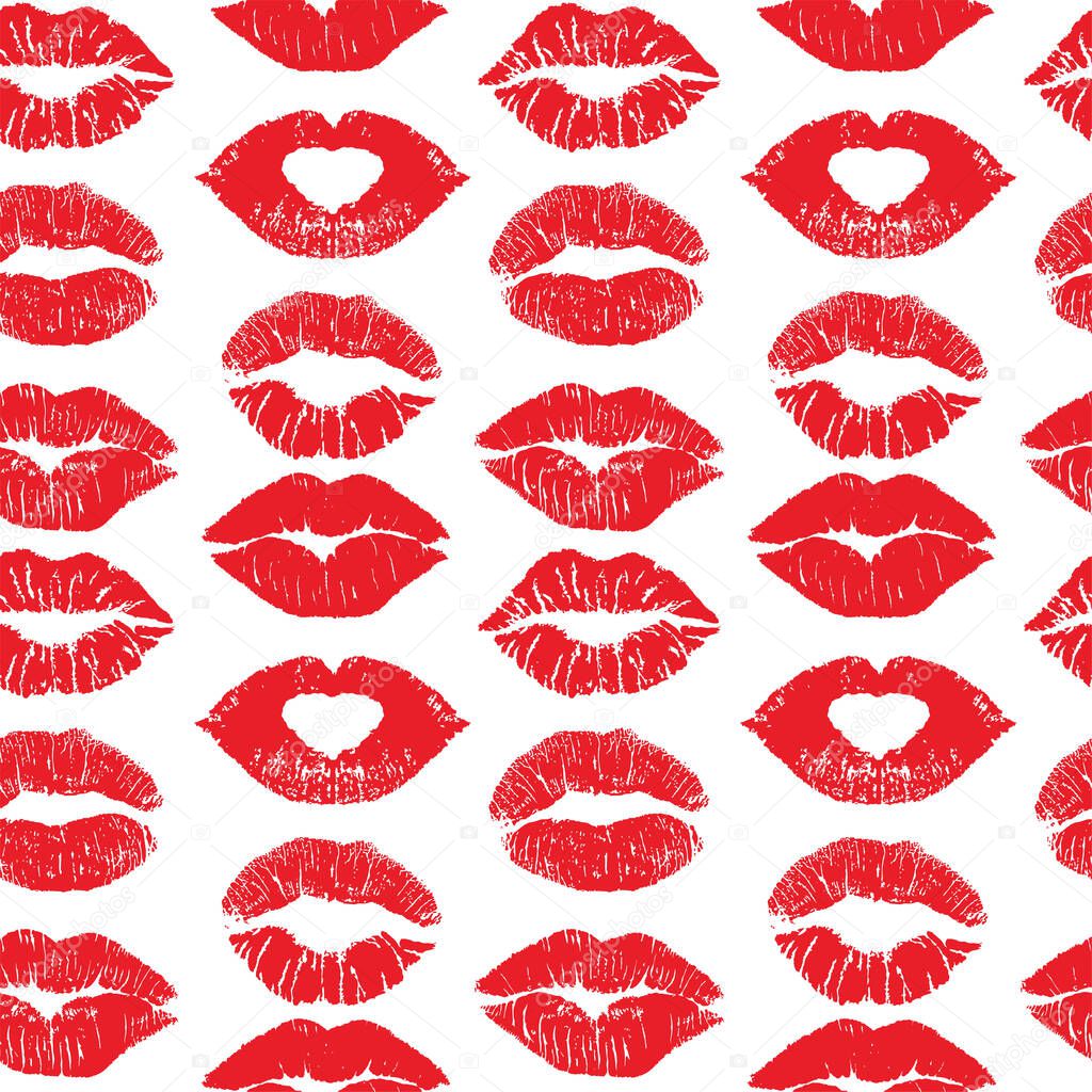 Lipstick kiss print isolated seamless pattern. Red vector lips set. Different shapes of female sexy red lips. Sexy lips makeup, kiss mouth. Female mouth. Print of lips kiss vector background
