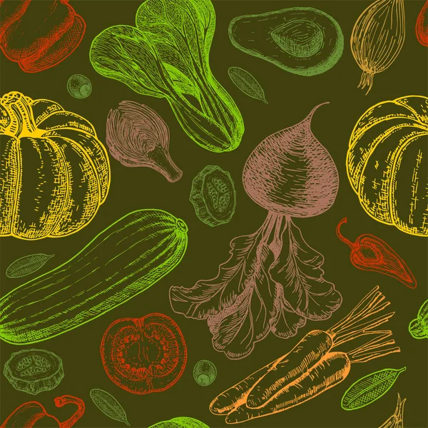 Nahtloses Muster mit Skizze von Gemüse. Gemüse im Hintergrund. Gesunde Ernährung. Gemüse auf weißem Hintergrund. Farbige Gemüse nahtlosen Hintergrund. Vektorillustration — Stockvektor