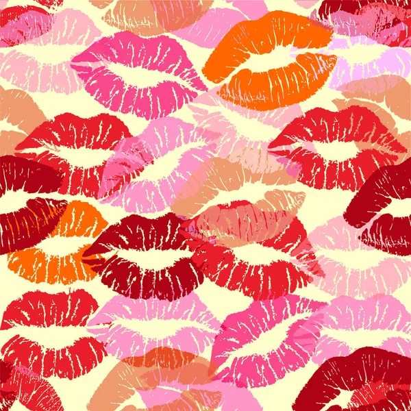 립스틱 키스는 고립 된 솔기없는 패턴을 프린트 합니다. 반사체 입술 세트. 여성의 섹시 한 붉은 입술의 다른 형태. 섹시 한 입술 화장, 키스 입. — 스톡 벡터