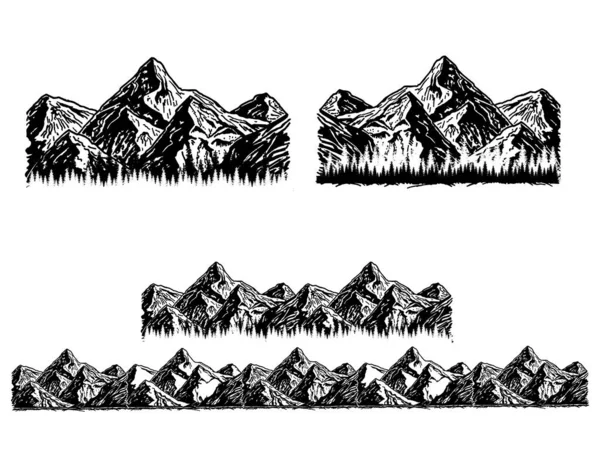 Conjunto de montaña en blanco y negro. Siluetas de las montañas, tierras altas, paisajes rocosos, colinas sobre fondo blanco. Conjunto vectorial de elementos de diseño exterior. — Vector de stock