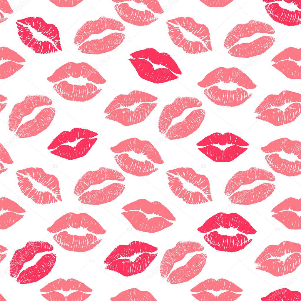 Lipstick kiss print isolated seamless pattern. Vector lips set. Different shapes of female sexy pink lips. Sexy lips makeup, kiss mouth. Female mouth