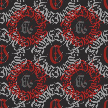 Gotik, kusursuz desen. Yaratıcı el yapımı Gotik desen. Siyah arkaplan üzerindeki Gotik yazı tipinin yazı tipi rengi deseni.