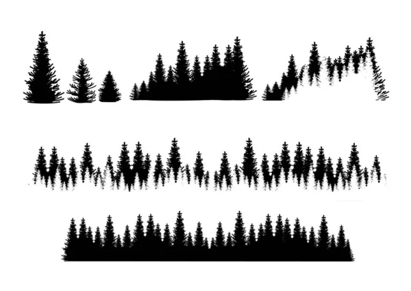 Conjunto de silhuetas florestais. Coleção de árvores, Silhueta florestal, isolada sobre branco, ilustração vetorial. —  Vetores de Stock