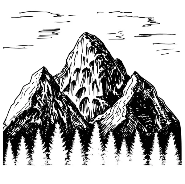 Berge mit Umrissen des Tannenwaldes, handgezeichnete Vektorillustration. Skizze. — Stockvektor