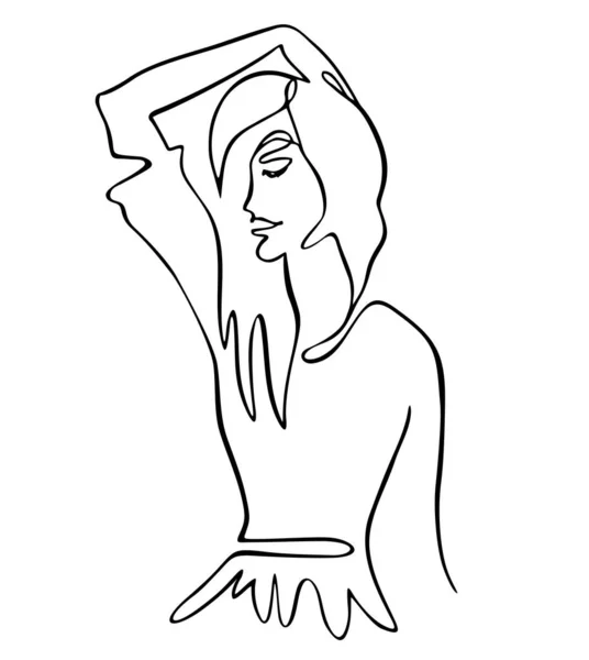 Jedna souvislá kreslená čára, krásná žena. Roztomilá dívka pózuje s dlouhými vlasy — Stockový vektor