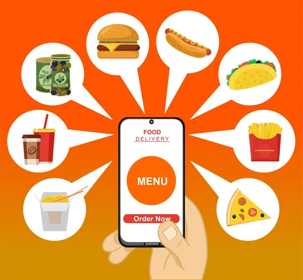 Conceito para o serviço de entrega de alimentos. Projeto de telas de onboarding no conceito de entrega de alimentos. Ilustração vetorial moderna e simplificada, Modelo para aplicativos móveis. Encomende fast food online. Serviço de entrega. —  Vetores de Stock