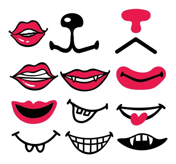 Design per maschere mediche. Collezione emoticon di bocca. Bocche di cartone animato rosso con i denti. Modello per la stampa. Sensazione di sorridere, ridere, tenere il broncio, soffiare, baciare, naso e bocca di animali. — Vettoriale Stock