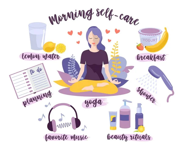 Selbstversorgung am Morgen. Selbstversorgungskonzept für Frauen. Morgenroutine, häusliche Aktivität. Ein junges Mädchen beim morgendlichen Yoga, Zitronenwasser trinken, duschen, frühstücken, Schönheitsrituale, Planung — Stockvektor