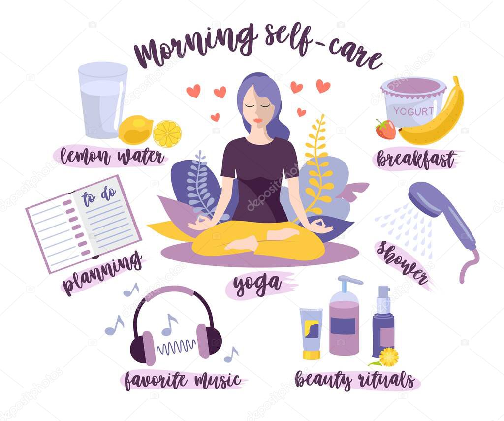 Morning self-care. Woman self care concept. Morning routine, home activity. A young girl doing her morning routine yoga practice, drinking lemon water, shower, breakfast, beauty rituals, planning