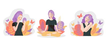 Kendini sev kızlar. Vektör yaşam tarzı konsept kartı. Kendine zaman ayırmak için kozmetik işlemler yapmak, yaratmak, yoga yapmak için. Çizgi film renkli düz biçim çizimi