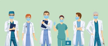 Koruyucu maskeli sağlık görevlileri. Solunum cihazındaki bir grup doktor karakter. Hastane ekibi virüs önleme ve koruma vektörü çizimi. Coronavirus kavramını durdur. Sıhhiye grubu.