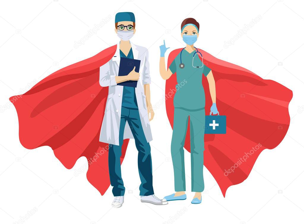 Super doctor and nurse wearing medical masks and capes, superhero couple. Doctors man and woman in superhero. Cartoon vector flat style. Superhero red cloak