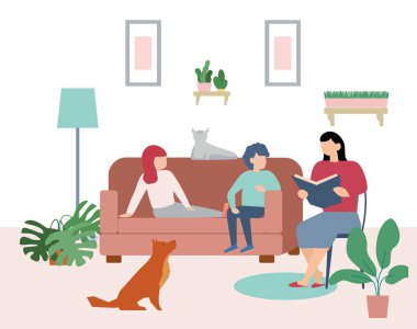 Çocuklarla evde kitap okumak. Annem çocuklar için kitap okuyor. Aile elinde kitapla kanepede oturuyor. Düz şekilli şirin vektör çizimi. Evde eğitim, evde eğitim kavramı