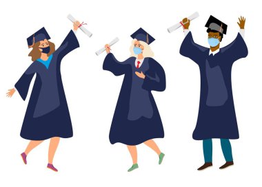 Tıp maskeli öğrenciler. Koronavirüs karantinası sırasında 2020 mezuniyetini koruyucu tıp maskeleri ile kutluyorlar. Erkekler ve kızlar hoplayıp zıplıyor ve havan topu ve diploma fırlatıyor.