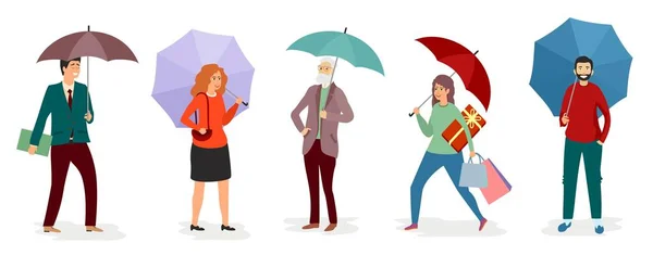 Männer und Mädchen mit einem Regenschirm im Regen. Vektorillustration auf weißem Hintergrund in flachem Stil. eingestellt — Stockvektor