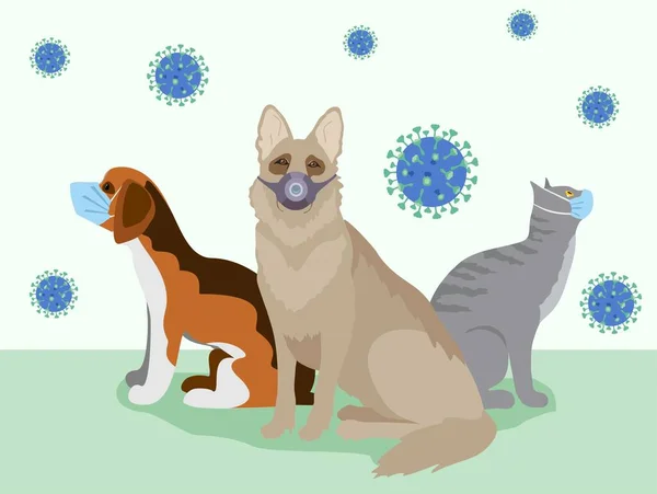 Diseño del concepto de cuarentena por Coronavirus. Mascotas con máscaras médicas de COVID-19. Ilustración vectorial — Vector de stock