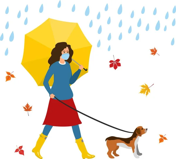 카로 노 바이러스가 전염되는 동안걸어 다니는 개를 위한 규칙. 빗물 우산에 의료용 마스크를 쓴 채걷고 있는 한 여성 — 스톡 벡터