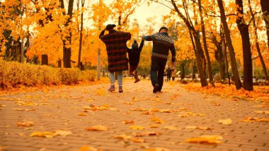 Üst düzey çift sonbahar parkta bir yürüyüş torunu ile yaşıyorsanız