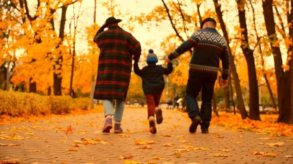 Üst düzey çift sonbahar parkta bir yürüyüş torunu ile yaşıyorsanız