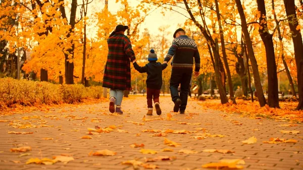 秋の公園で孫と一緒に散歩を抱えているシニア カップル — ストック写真