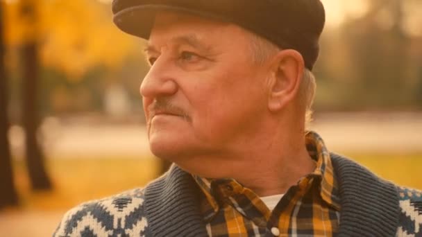 Retrato de anciano en el parque de otoño — Vídeos de Stock