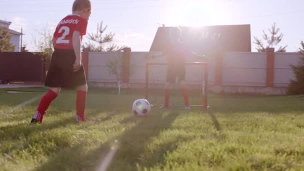 裏庭に芝生でサッカーをプレイしている少年 — ストック動画