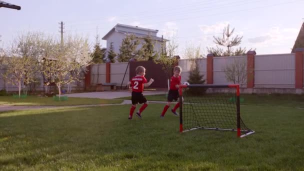 Os meninos estão jogando futebol no gramado no quintal — Vídeo de Stock