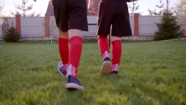 Malí kluci hrají fotbal na trávníku v zahradě — Stock video