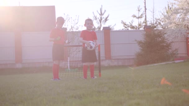 Les petits garçons jouent au football sur la pelouse dans la cour arrière — Video