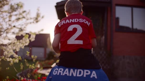 Dos tourné Portrait de grand-père avec son petit-fils sur le cou avec ballon de football — Video