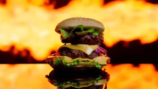 Deliciosa hamburguesa en la superficie del espejo negro. La llama de la parrilla en el fondo fuera de foco —  Fotos de Stock
