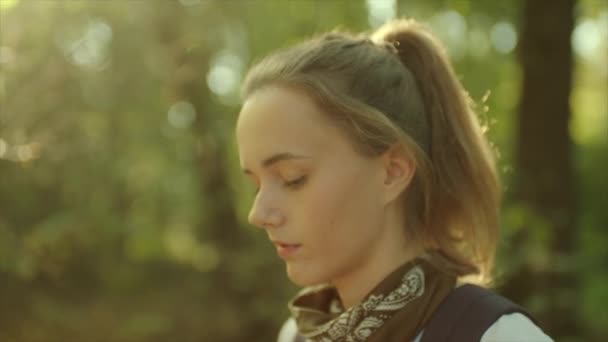 Close up portrait of Young beautiful woman drinking water — Stock Video