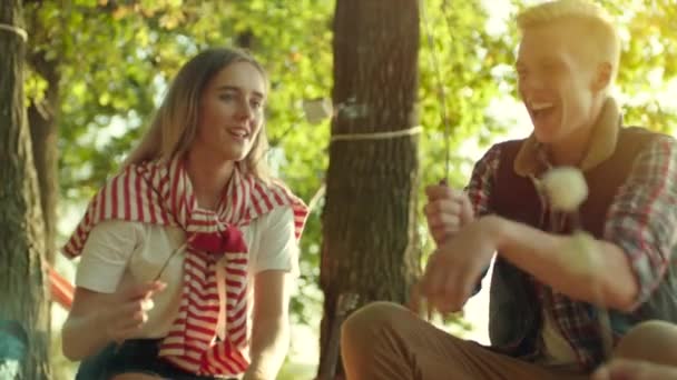 Přátel smát při vypalování z marshmallow na výlet — Stock video