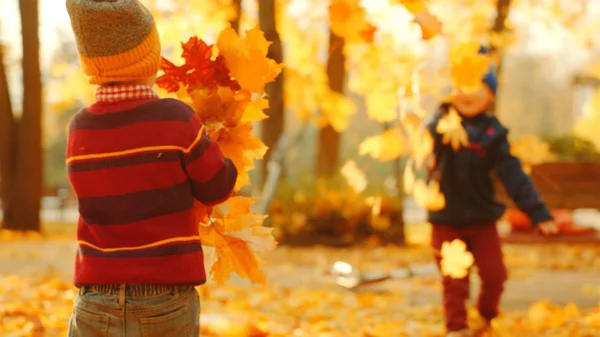 Los niños juegan con hojas caídas en el parque de otoño —  Fotos de Stock