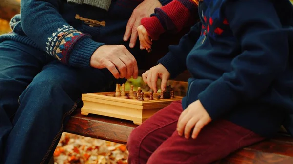 Kisfiú játszik sakk nagypapa az őszi parkban a padon — Stock Fotó
