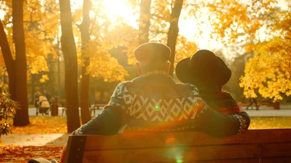 Pareja mayor disfrutando de la puesta de sol en el banco en el parque de otoño —  Fotos de Stock