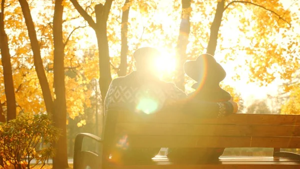 Pareja mayor disfrutando de la puesta de sol en el banco en el parque de otoño —  Fotos de Stock