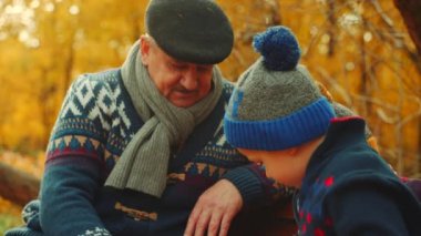 Küçük çocuklar sonbahar parkta bankta Büyükbaba ile satranç oynuyorsun