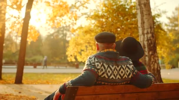 Ανώτερος ζευγάρι απολαμβάνει το ηλιοβασίλεμα στον πάγκο στο πάρκο φθινόπωρο — Αρχείο Βίντεο